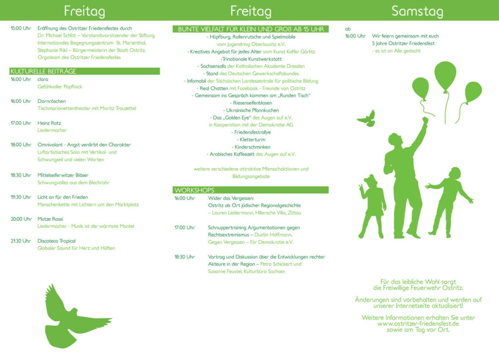 Das Programm des Ostritzer Friedensfestes von Freitag bis Samstag. Es gibt viele verschiedene Konzerte, Workshops und Aktionen. Leider ist kein Alt-Text mit Details zum Inhalt des Flyers verfügbar.