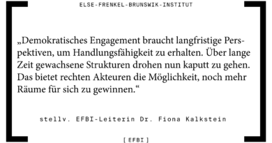„Demokratisches Engagement braucht langfristige Perspektiven, um Handlungsfähigkeit zu erhalten“, sagt stellvertretende EFBI-Leiterin Dr. Fiona Kalkstein. „Über lange Zeit gewachsene Strukturen drohen nun kaputt zu gehen. Das bietet rechten Akteuren die Möglichkeit, noch mehr Räume für sich zu gewinnen“